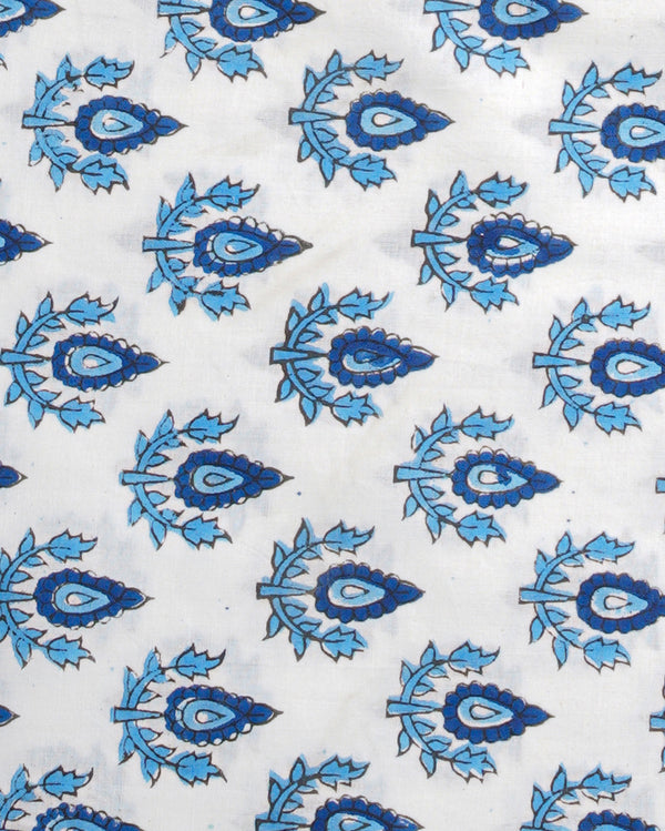 Sanganeri White and Blue Hand Block Print Cotton Suit Sets With Cotton Dupatta CFCOTMU49