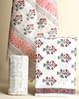 White and Red Hand Block Print Cotton Suit Sets With Cotton Dupatta COCOTMU03