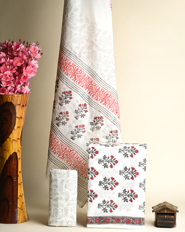 White and Red Hand Block Print Cotton Suit Sets With Cotton Dupatta COCOTMU03