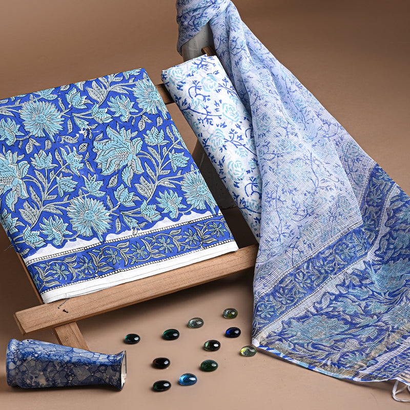 New Blue Sanganeri  Print Suit With Kota Doria Dupatta COCOTKO02