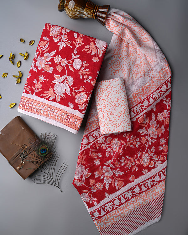 Sanganeri Red Floral Hand Block Print Cotton Suit Sets With Cotton Dupatta COCOTMU08