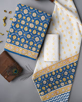 Sanganeri Blue and White Hand Block Print Cotton Suit Sets With Cotton Dupatta CFCOTMU22