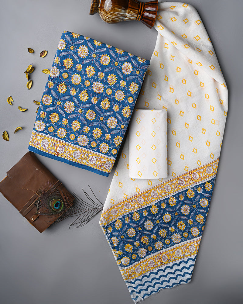 Sanganeri Blue and White Hand Block Print Cotton Suit Sets With Cotton Dupatta CFCOTMU22