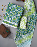 Elegant Green Sanganeri Hand Block Print Cotton Suit Sets With Cotton Dupatta COCOTMU01