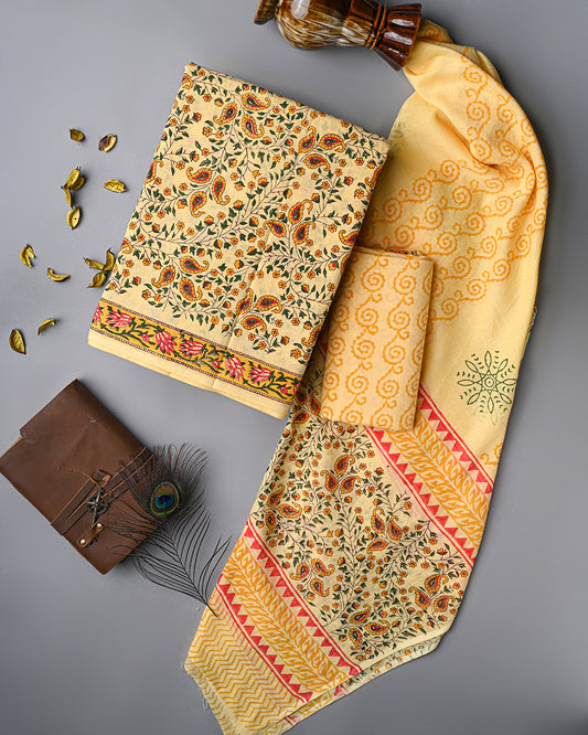 Beautiful Yellow Sanganeri Hand Block Print Cotton Suit Sets With Cotton Dupatta CFCOTMU39