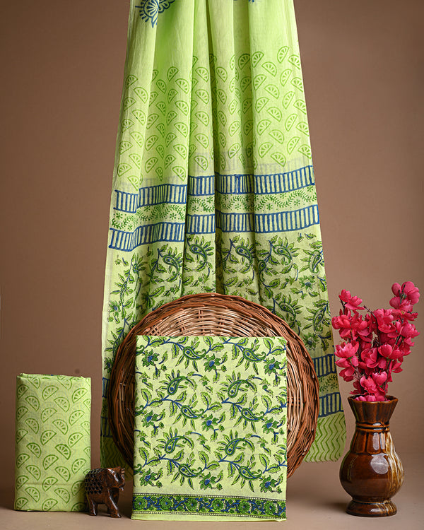 Beautiful Green Sanganeri Hand Block Print Cotton Suit Sets With Cotton Dupatta COCOTMU11