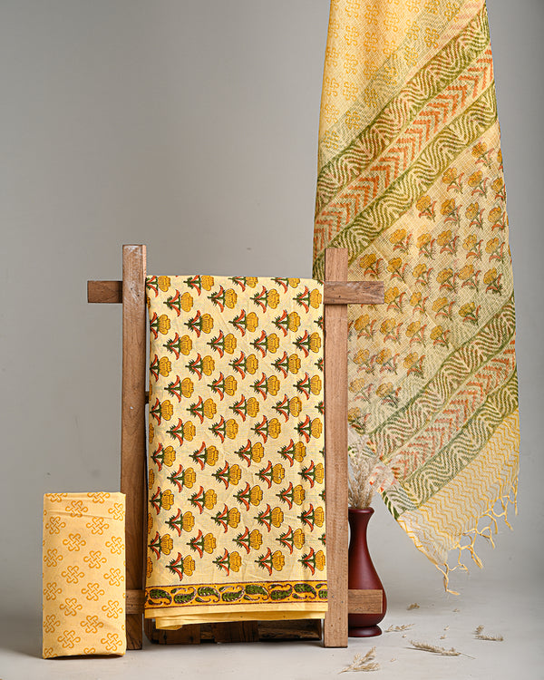 Exclusive Yellow Hand Block Print Cotton Suit With Kota Dupatta COCOTKO09