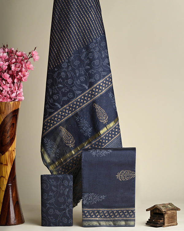 Exclusive Hand Block Gold And Khadi Printed Chanderi Silk Suit Set CFCHACH03