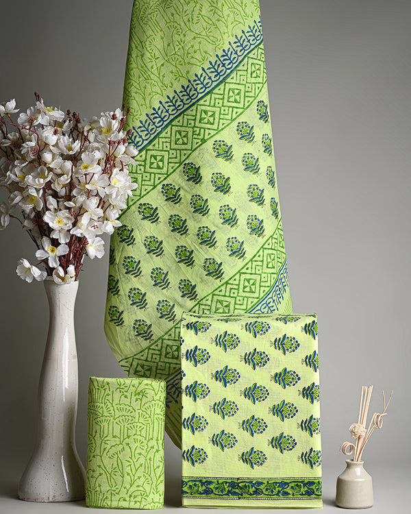 Sanganeri Green Hand Block Print Cotton Suit Sets With Cotton Dupatta  COCOTMU15