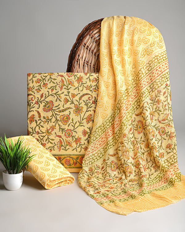 New Yellow  Sanganeri Jaal  Printed Cotton Suit With Chiffon Dupatta COCOTCH13