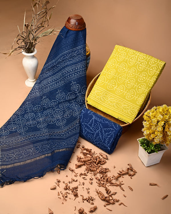 New Blue and Yellow Sober Cotton Suit With Kota Doria Dupatta COCOTKO03