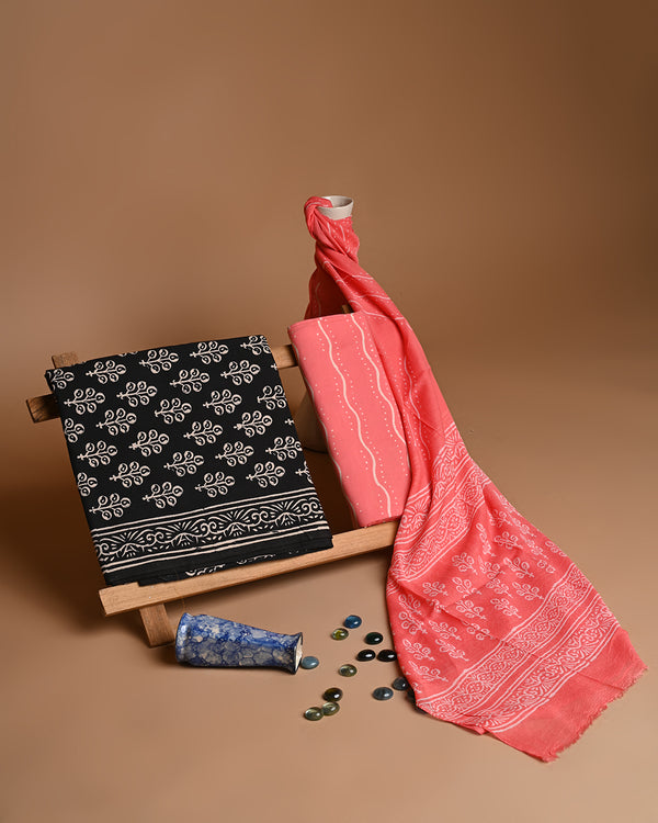 Traditional Red And Black Hand Block Print Cotton Sets With Chiffon Dupatta COCOTCH07