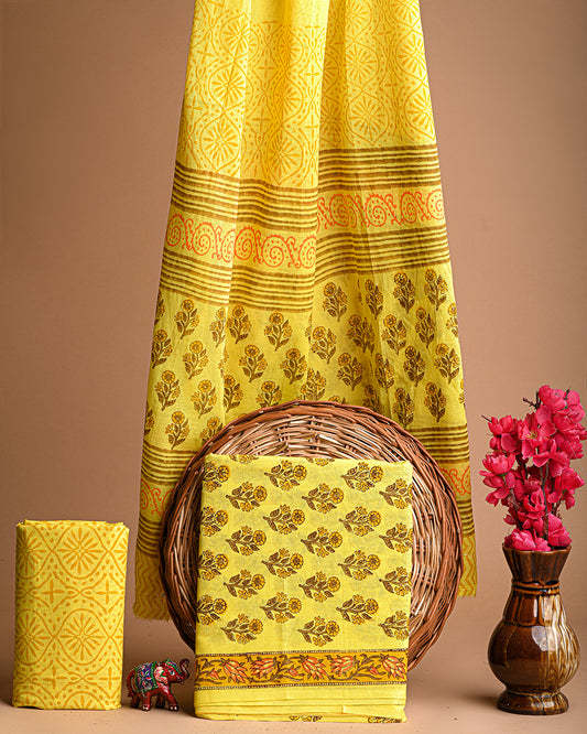 Premium Yellow Hand Block Printed Cotton Suit With Cotton Duptta CFCOTMU27