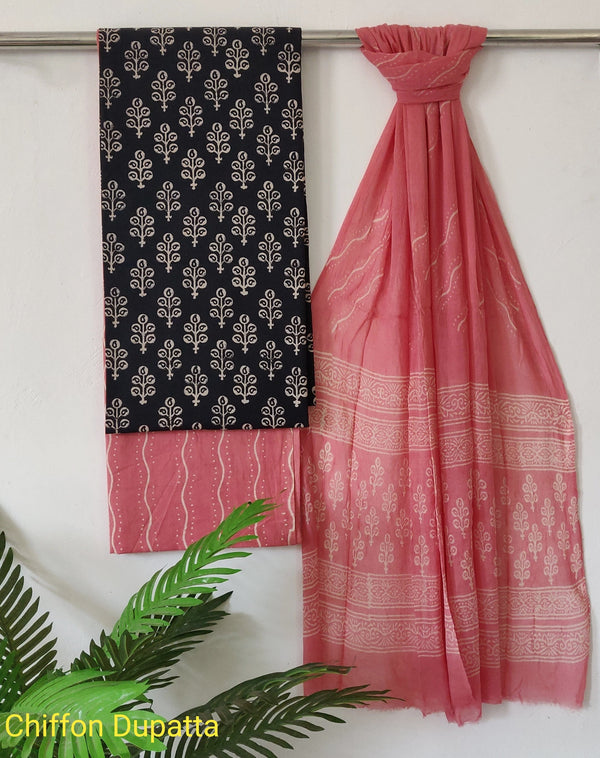 Traditional Red and Black Hand Block Print Cotton Sets With Chiffon Dupatta COCOTCH07