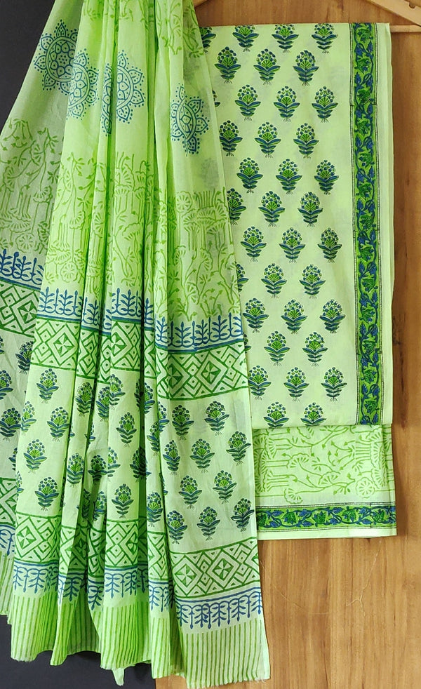 Premium Green Hand Block Printed Cotton Suit With Cotton Dupatta COCOTMU15