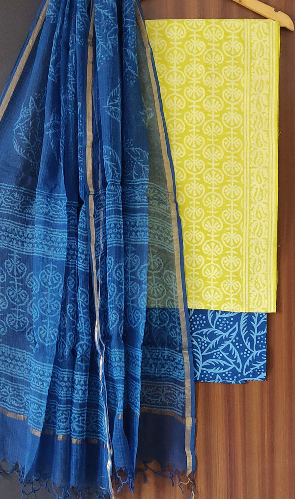 Traditional Yellow and blue  Hand Block Print Cotton Sets With Kota Dupatta COCOTKO03