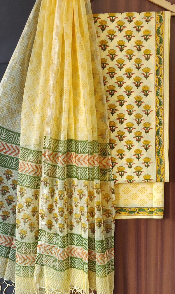 Traditional Yellow Hand Block Print Cotton Sets With Kota Dupatta COCOTKO09