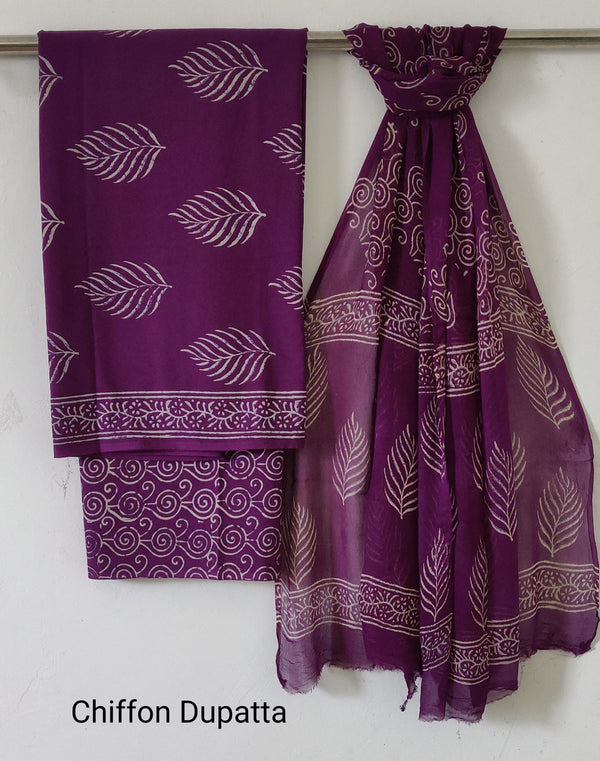New Purple  Hand Painted Cotton Suit With Chiffon Dupatta COCOTCH06