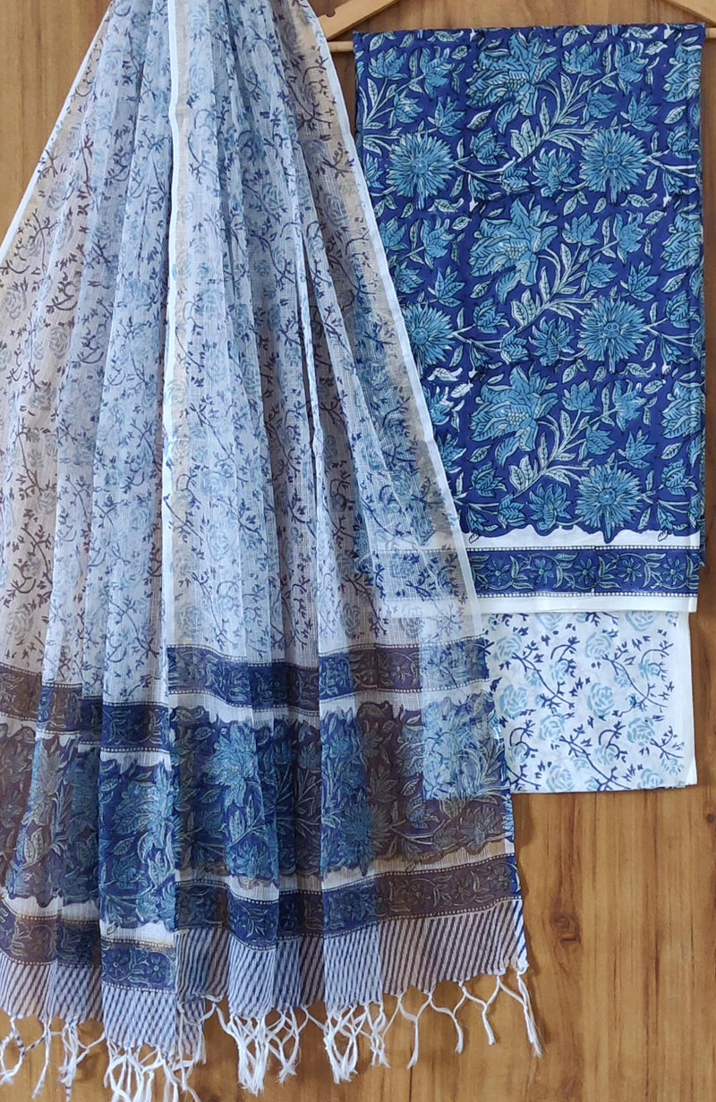 New Blue  Floral Jaal Cotton Silk Suit With Kota Doria Dupatta COCOTKO02