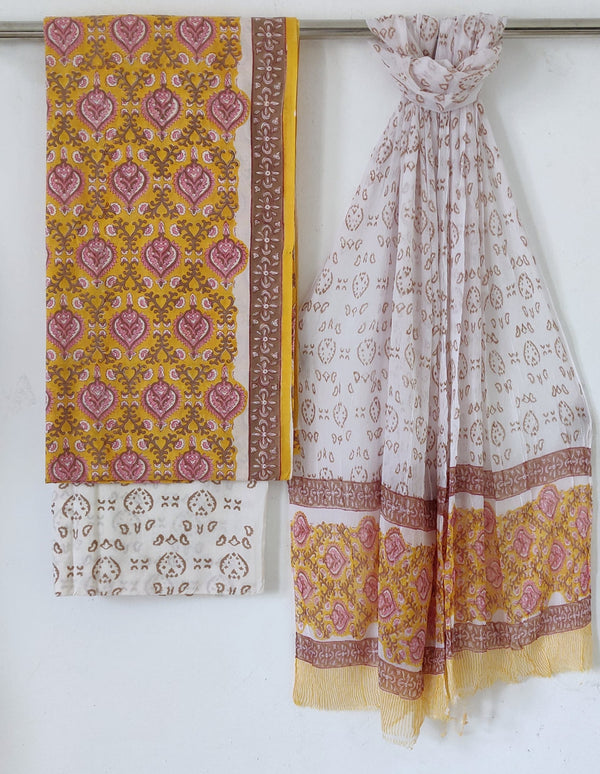 Premium Yellow and White Hand Block Print Cotton Suit Sets With Chiffon Dupatta(CFCOTCH03)