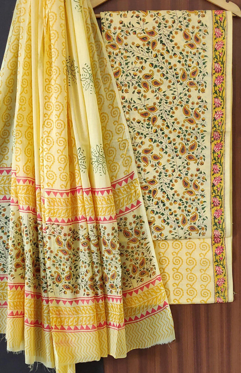 Exclusive Yellow Floral Jaal Printed Cotton Suit With Cotton  Dupatta CFCOTMU39