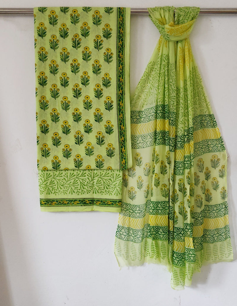 New Green  Tine and Dye Printed Cotton Suit With Chiffon Dupatta (COCOTCH11)