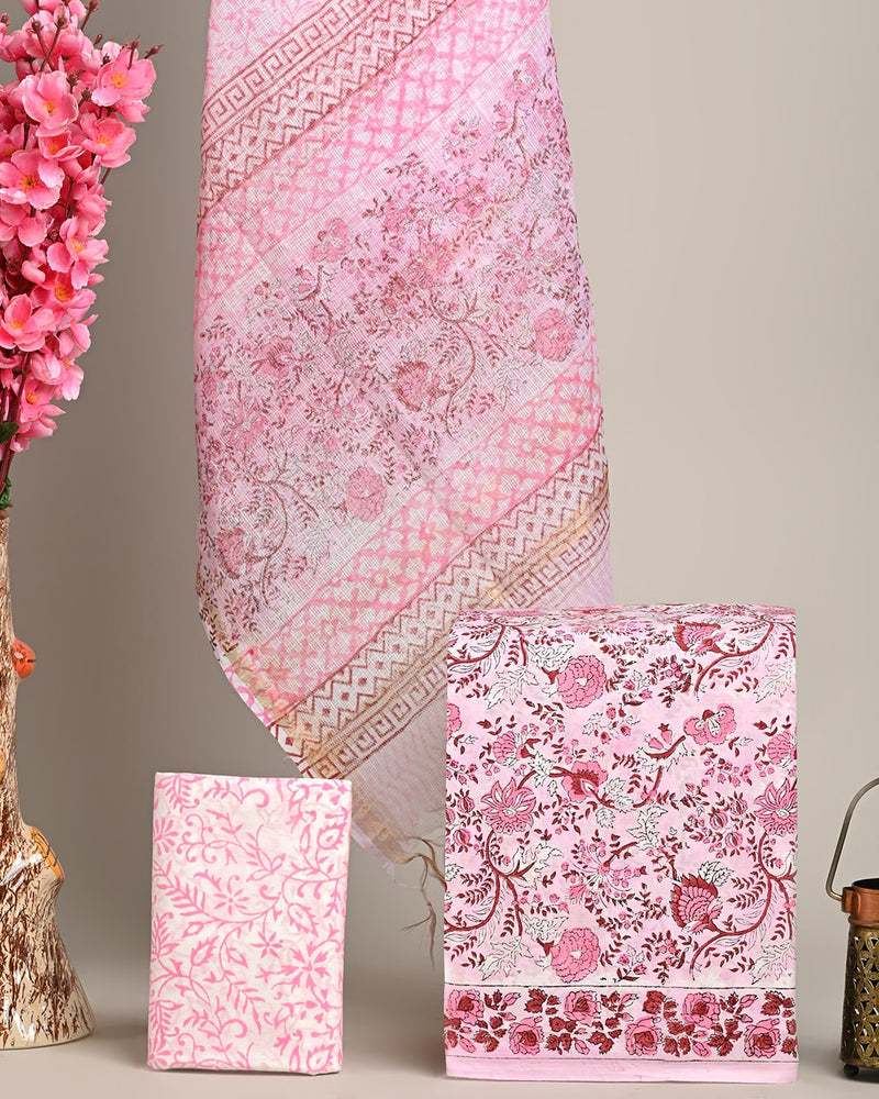 Exclusive Pink Hand Block Print Cotton Suit With Kota Dupatta COCOTKO01
